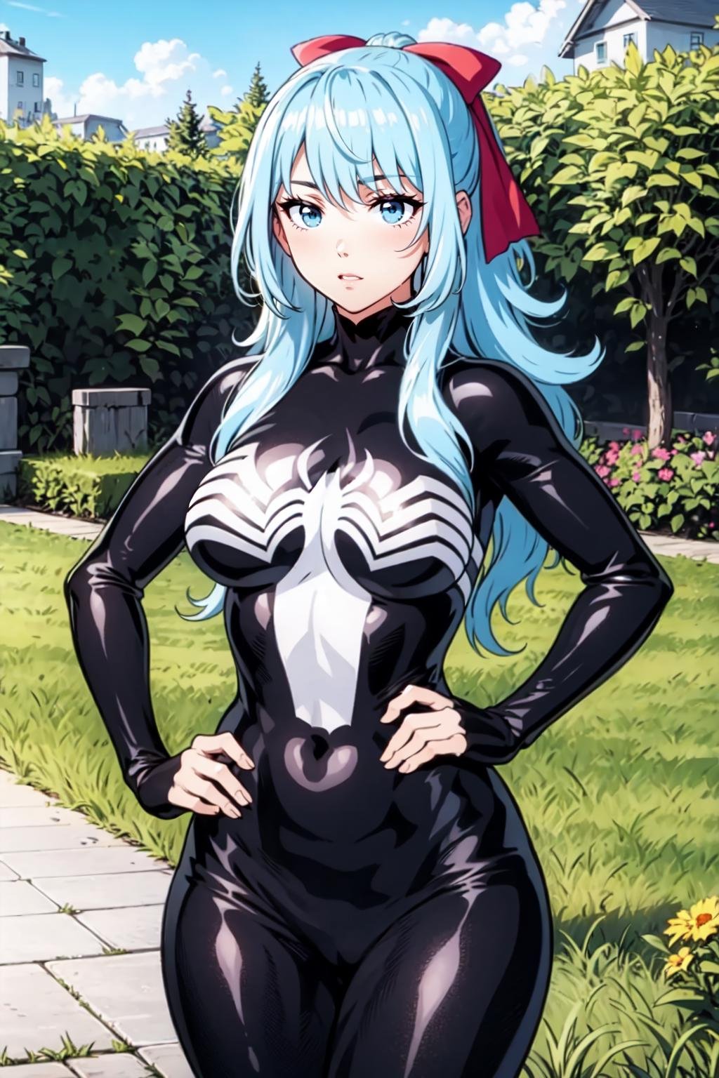 cowboy shot, hand on hip BREAK sgliselotte, long hair, blue hair, blue eyes, sidelocks BREAK red bow, hair bow,  she venom, black bodysuit BREAK garden field <lora:liselotte-sd15-6-000007:0.8> <lora:She Venom LoCon:0.8>