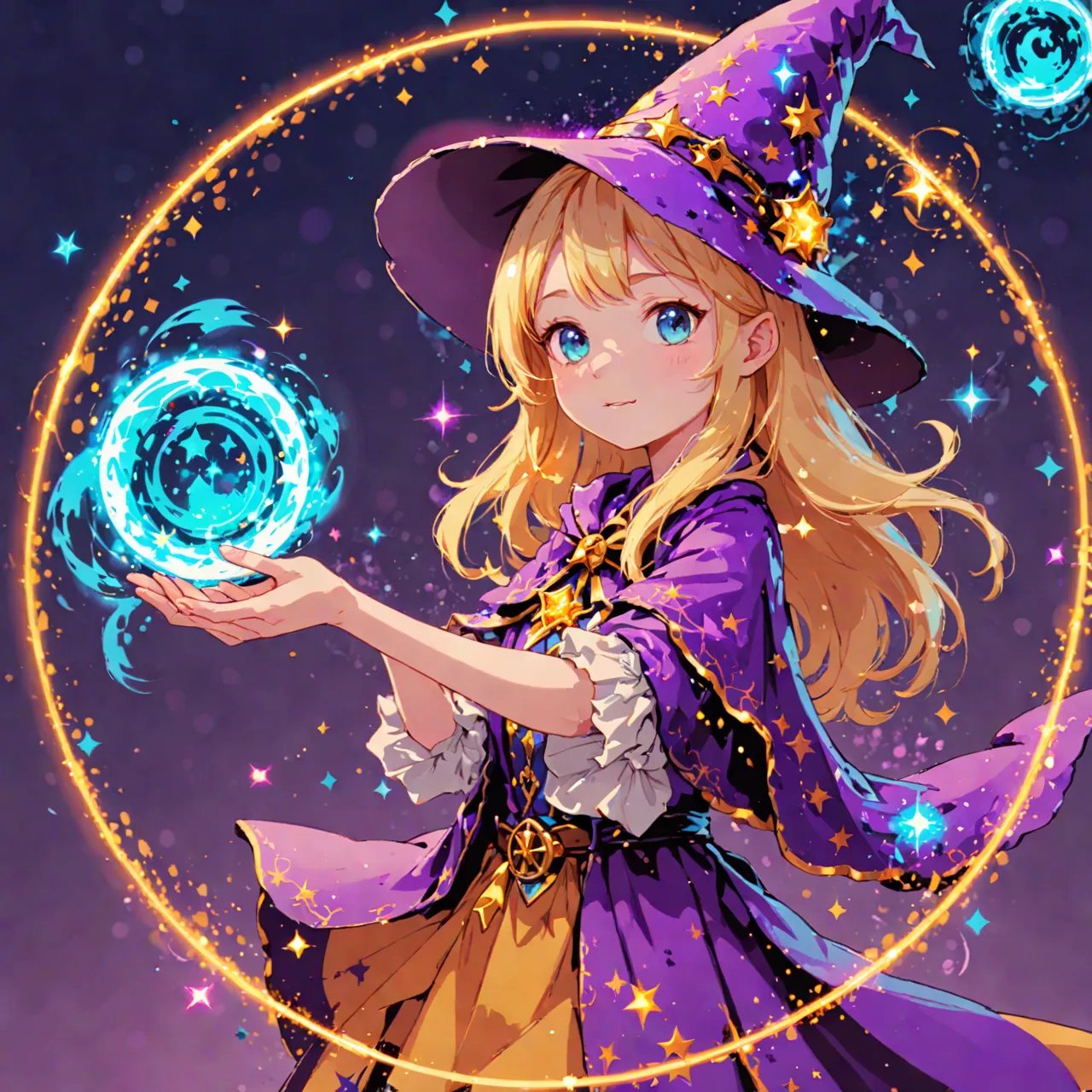 young sorceress blonde girl wearing a wizard hat, surrounded by a floating magic circle emitting glowing particles. A sparkling little fairy is fluttering around her.