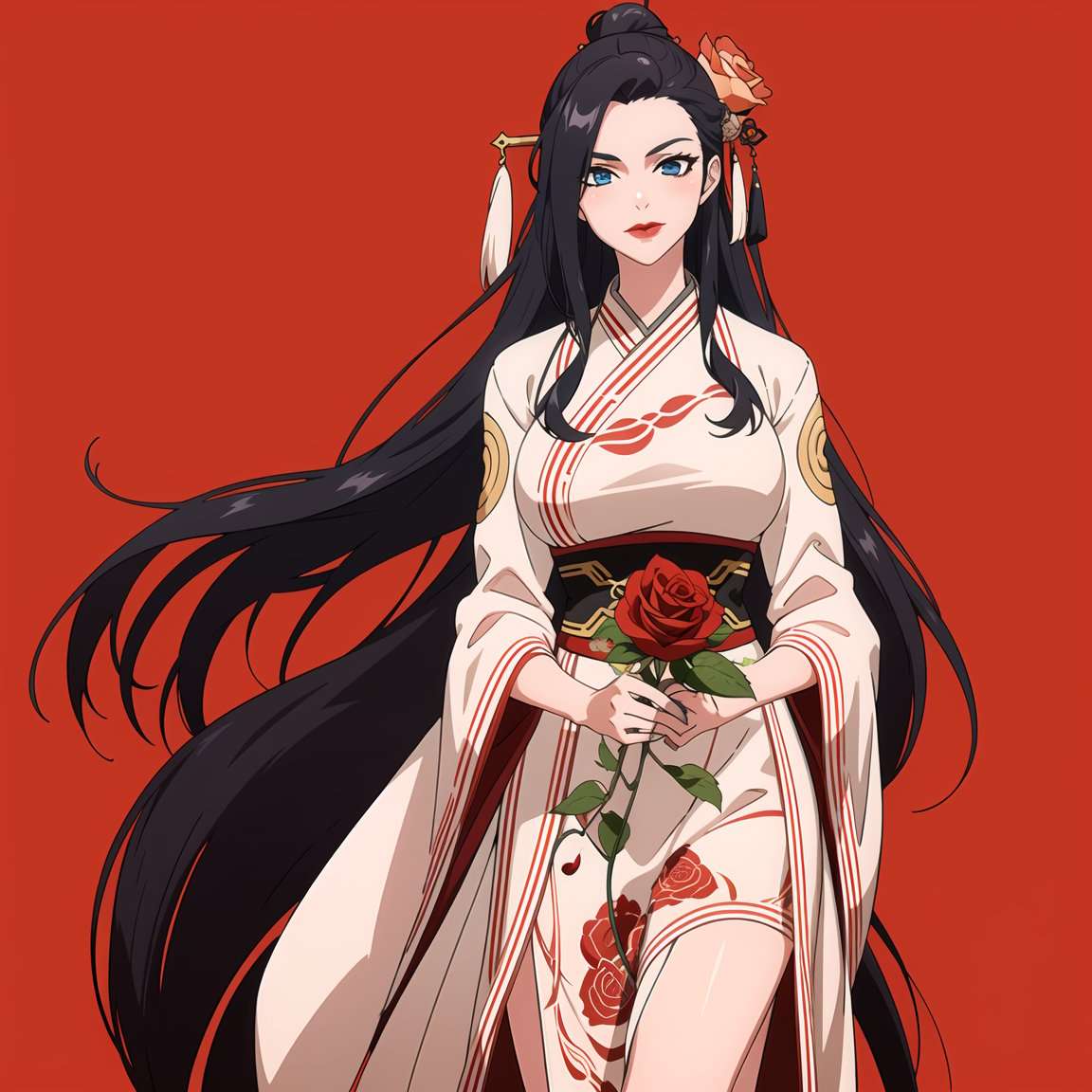 1girl,Hanfu Ru Skirt 1girl black hair,chinese clothes,blue eyes,holding flower,lips ,lipstick ,makeup, red flower red lips red rose rose solo,big breasts,blue background,