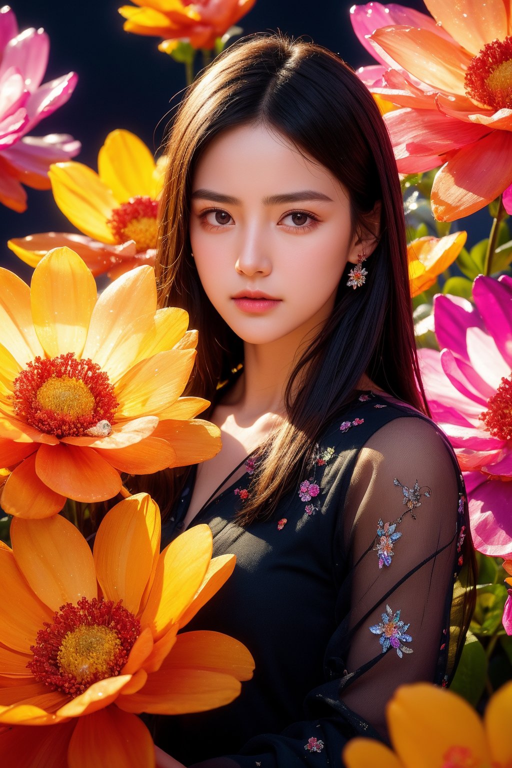 1girl, black background, black eyes, closed mouth, grey eyes, lips, long hair, long sleeves, looking at viewer, flower, extremely high quality high detail RAW color photo, crystal flower, intricate crystal patterns, translucent petals, prismatic light refraction, sharp, precise edges, detailed textures, luminous glow, 