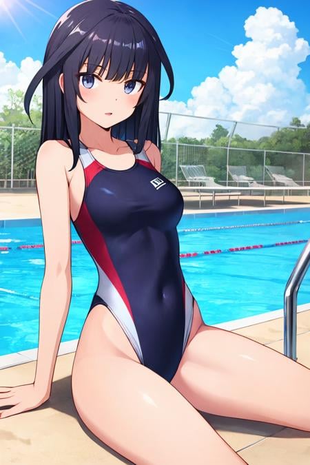 agatsuma kaede, black orca, emblem, multicolored swimsuit, black one-piece swimsuit, competition swimsuit, multicolored swimsuit, pool, day, sky, 1girl <lora:agatsuma_kaede_locon_v1:0.7>