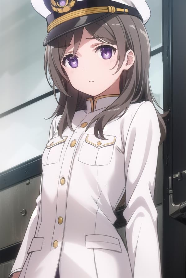 chinamoeka, <lora:china moeka s1-lora-nochekaiser:1>,china moeka, long hair, brown hair, (purple eyes:1.1),BREAK hair ornament, hat, hairclip, uniform, military, military uniform, peaked cap, naval uniform, (white uniform:1.5),BREAK outdoors, ship, navy,BREAK looking at viewer, (cowboy shot:1.5),BREAK <lyco:GoodHands-beta2:1>, (masterpiece:1.2), best quality, high resolution, unity 8k wallpaper, (illustration:0.8), (beautiful detailed eyes:1.6), extremely detailed face, perfect lighting, extremely detailed CG, (perfect hands, perfect anatomy),