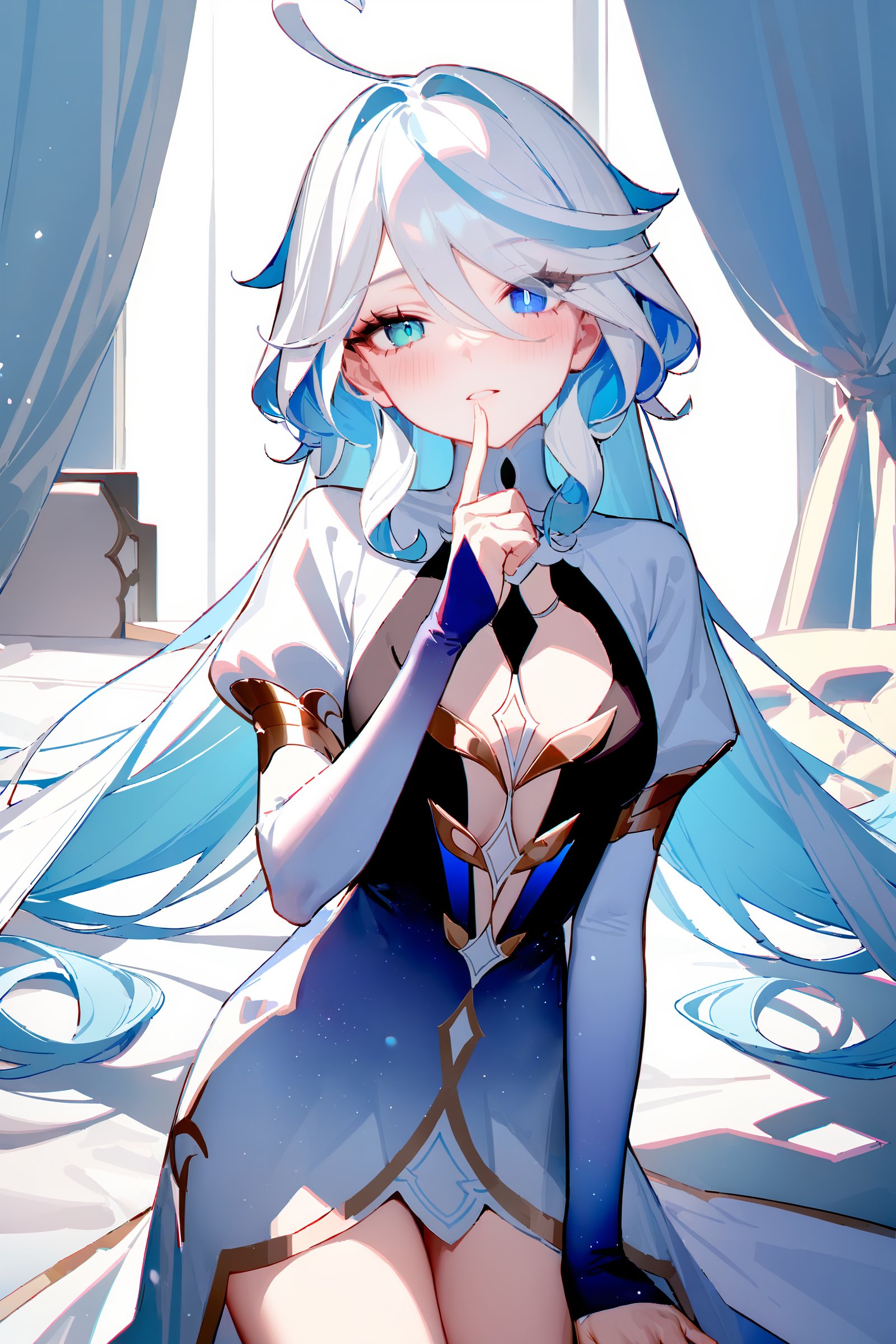 masterpiece, best quality, very aesthetic, ray tracing, newest, (hitenkei, askzy:0.4), 1girl, focalors \(genshin impact\), heterochromia, evening gown, long dress, juliet sleeves, bridal gauntlets, cowboy shot, bedroom, sitting on bed, bedroom, finger to mouth, head tilt, parted lips, looking at viewer, blush, depth of field  <lora:Char-Genshin-Furina-XL-V1:0.9>