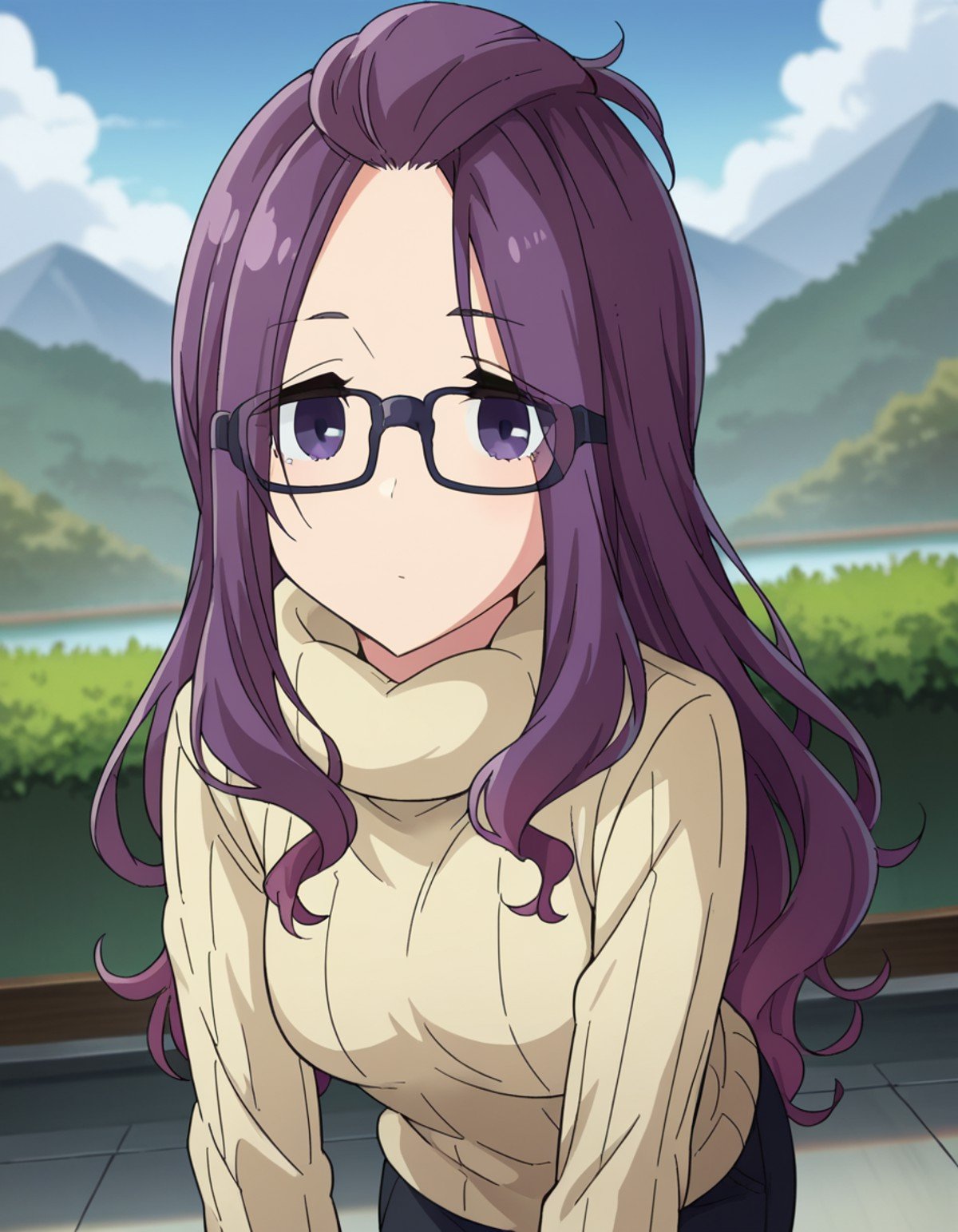 score_9, score_8_up, score_7_up, source_anime,sakurakagamihara, <lora:sakura-kagamihara-s1s2-ponyxl-lora-nochekaiser:1>,sakura kagamihara, long hair, purple eyes, purple hair, glasses, black-framed eyewear, bangs pinned back,long sleeves, sweater, turtleneck, ribbed sweater, turtleneck sweater, pants, denims,outdoors, nature, bent over,looking at viewer, dutch angle, cowboy shot,