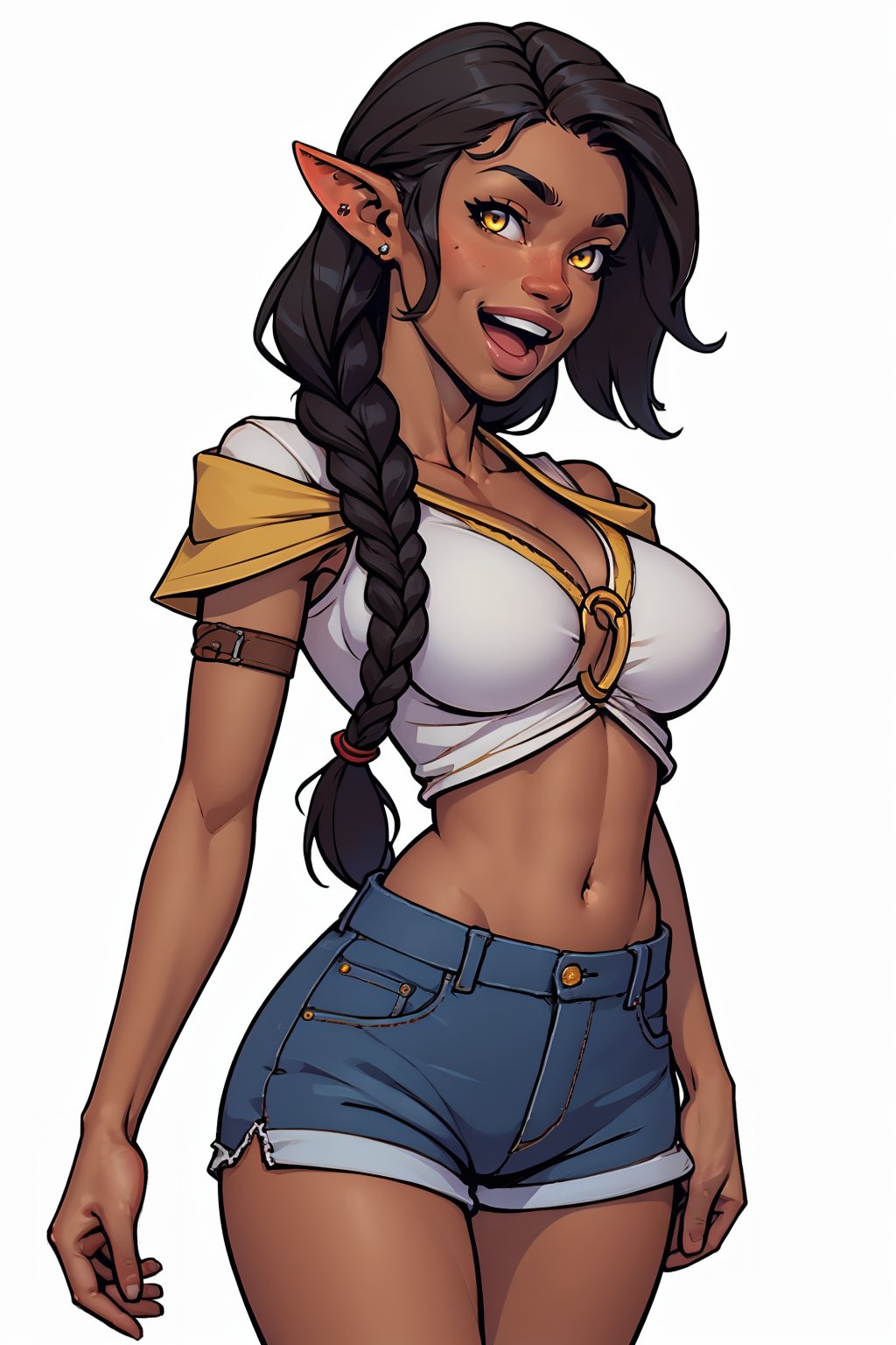 (masterpiece, best quality:1.2),  <lora:warlockandboobs:1>, warlockandboobs, 1girl, breasts, solo, dark-skinned female, dark skin, yellow eyes, long hair, black hair, shorts, open mouth, navel, smile, white background, simple background, looking at viewer, fang, braid, hair flaps, pointy ears, o-ring top, short shorts, o-ring, medium breasts, :d, very long hair, hair between eyes