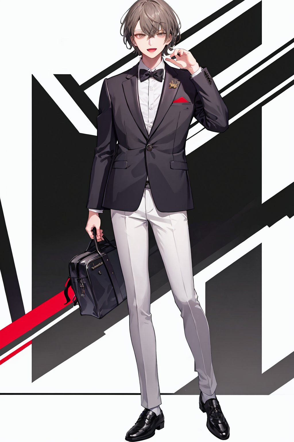 masterpiece,best quality, highly detailed, 1boy,collared shirt,kagami hayato,long sleeves,male focus,solo,virtual youtuber,white shirt,black jacket,formal,looking at viewer,dress shirt,:d,open mouth,suit,black footwear,full body,upper body,white background,closed mouth,grey pants,hand up,shoes,<lora:kagami_hayato:1>