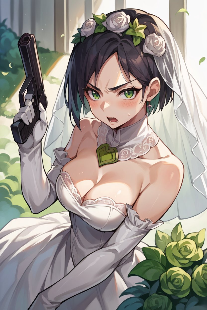 score_9, score_8_up, score_7_up, score_6_up, source_anime, BREAK 1girl, solo, <lora:valorantviper-pdxl-nvwls-v1-000006:1> valVipr, bob cut, green eyes, bridal veil, cleavage, wedding dress, dress, frills, holding pistol, gun, blush, open mouth, serious, elbow gloves, garden