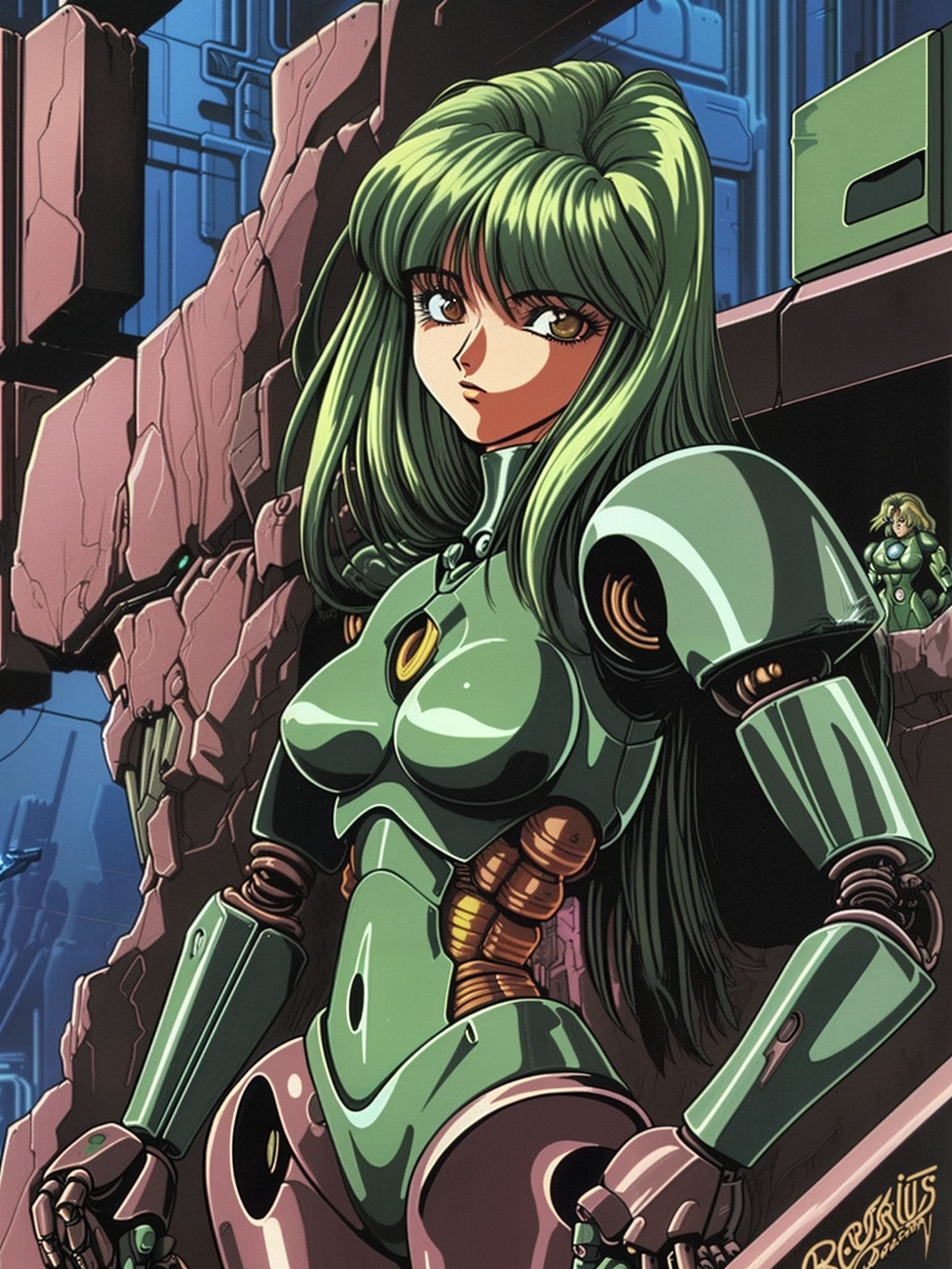 1990s (style) retro artstyle,deedlit, record of lodoss war, 1girl, solo, (cyberpunk:1.2), cyborg, robot, mechanical arms, upper body,(masterpiece) and (best quality)