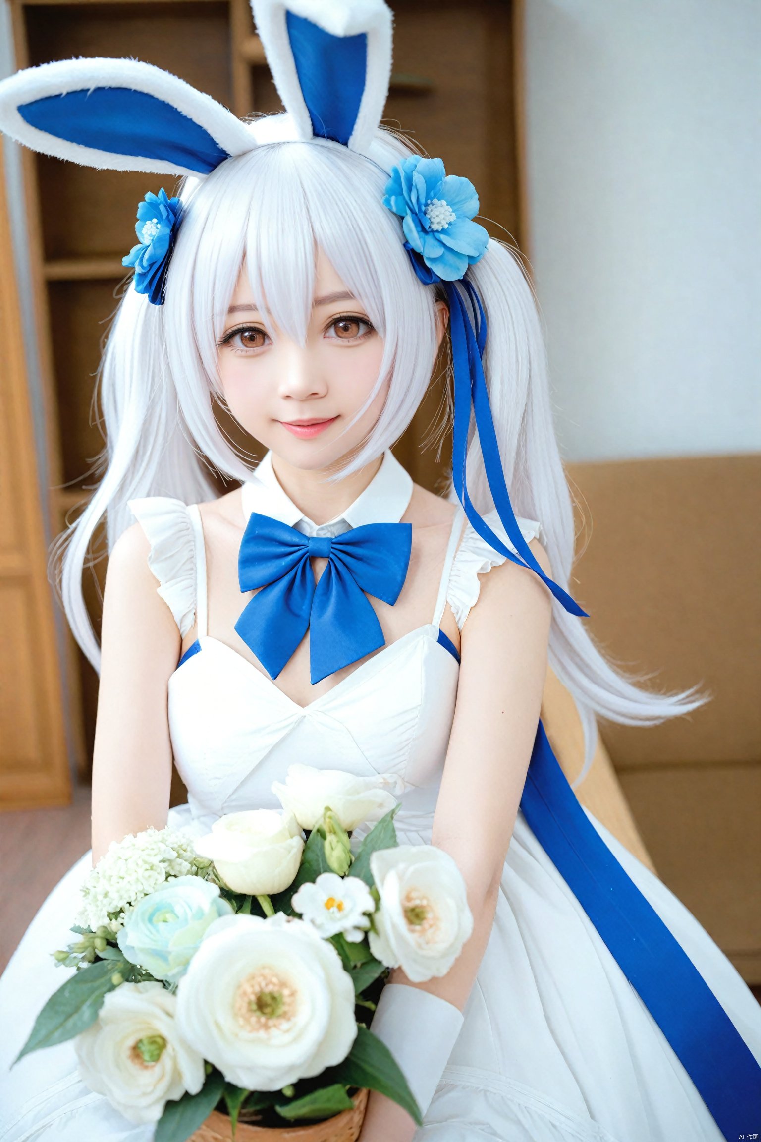 masterpiece,Realism,best quality,loli,1girl,animal ears,solo,flower,gloves,rabbit ears,white gloves,white hair,hair ornament,dress,looking at viewer,hair flower,white dress,twintails,blurry background,blurry,hair between eyes,bow,upper body,white flower,fake animal ears,brown eyes,official alternate costume,lips,blue flower,blue bow,bowtie,ribbon,dutch angle,long hair,breasts,blue bowtie,closed mouth,laffey (azur lane),realistic,smile,signature,blue ribbon,bouquet,head tilt,artist name<lora:EMS-301024-EMS:0.300000>, <lora:EMS-339656-EMS:0.000000>, <lora:EMS-324355-EMS:0.000000>, <lora:EMS-344883-EMS:0.000000>, <lora:EMS-288516-EMS:0.000000>, <lora:EMS-300688-EMS:0.000000>