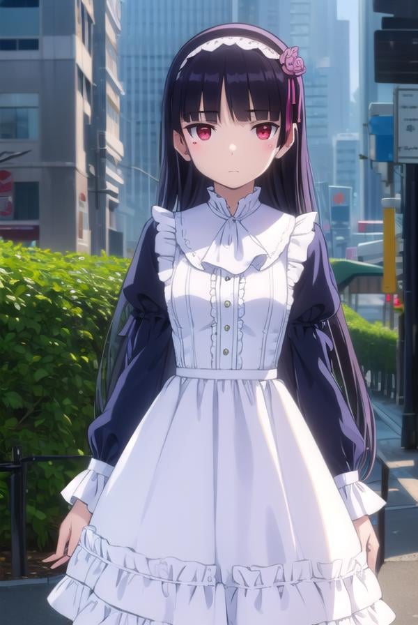 rurigokou, <lora:ruri gokou s2-lora-nochekaiser:1>,ruri gokou, long hair, black hair, (red eyes:1.3), dress, pantyhose, hairband, mole, mole under eye, hime cut, BREAK dress, pantyhose, black dress, frills, puffy sleeves, long sleeves,BREAK outdoors, city,BREAK looking at viewer, (cowboy shot:1.5),BREAK <lyco:GoodHands-beta2:1>, (masterpiece:1.2), best quality, high resolution, unity 8k wallpaper, (illustration:0.8), (beautiful detailed eyes:1.6), extremely detailed face, perfect lighting, extremely detailed CG, (perfect hands, perfect anatomy),