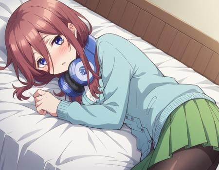 score_9, score_8_up, score_7_up, source_anime,mikunakano, <lora:miku-nakano-s1-ponyxl-lora-nochekaiser:1>, miku nakano, long hair, bangs, blue eyes, brown hair, shirt, hair between eyes, headphones, headphones around neck,skirt, shirt, long sleeves, white shirt, pantyhose, pleated skirt, black pantyhose, cardigan, green skirt, blue cardigan,indoors, bed, bed room, on side, blush, drunk,looking at viewer, cowboy shot, dutch angle, solo,