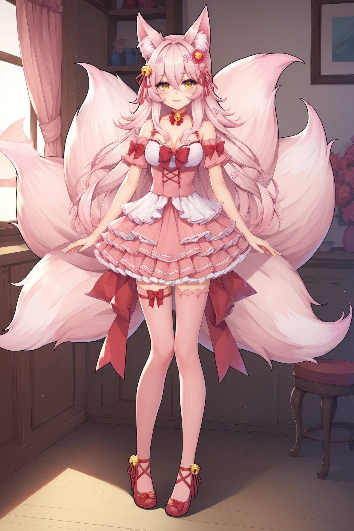 score_9, score_8_up, score_7_up, score_6_up, score_5_up, score_4_up, KitsunnyStarVTXL, animal ears, animal ear fluff, yellow eyes, pink hair, long hair, sidelocks, hair between eyes, hair ornament, hair flower, hair bell, red choker bell, fox tail, multiple tails, medium breasts, bare shoulders, cleavage, pink dress, red ribbon, pink skirt, frills, pink thighighs, shoes, solo, standing, seductive smile, looking at viewer, indoors  <lora:KitsunnyStarVTXL:0.8>