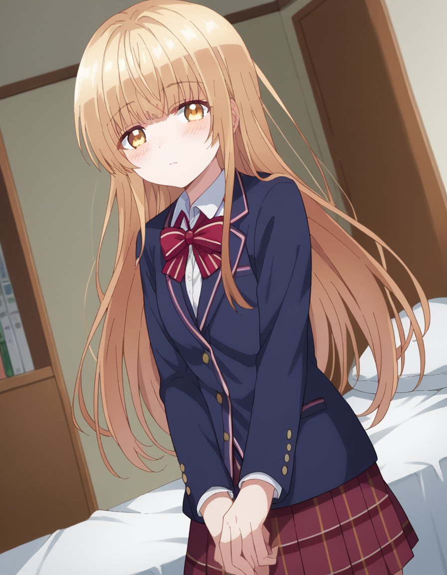 score_9, score_8_up, score_7_up, source_anime,mahirushiina, <lora:mahiru-shiina-s1-ponyxl-lora-nochekaiser:1>mahiru shiina, bangs, blonde hair, brown hair, yellow eyes,long hair, skirt, bow, school uniform, jacket, pleated skirt, plaid, plaid skirt, blazer, cardigan, blue blazer, red bowtie,indoors, bed, bed room, on side, blush, drunk,looking at viewer, dutch angle, cowboy shot