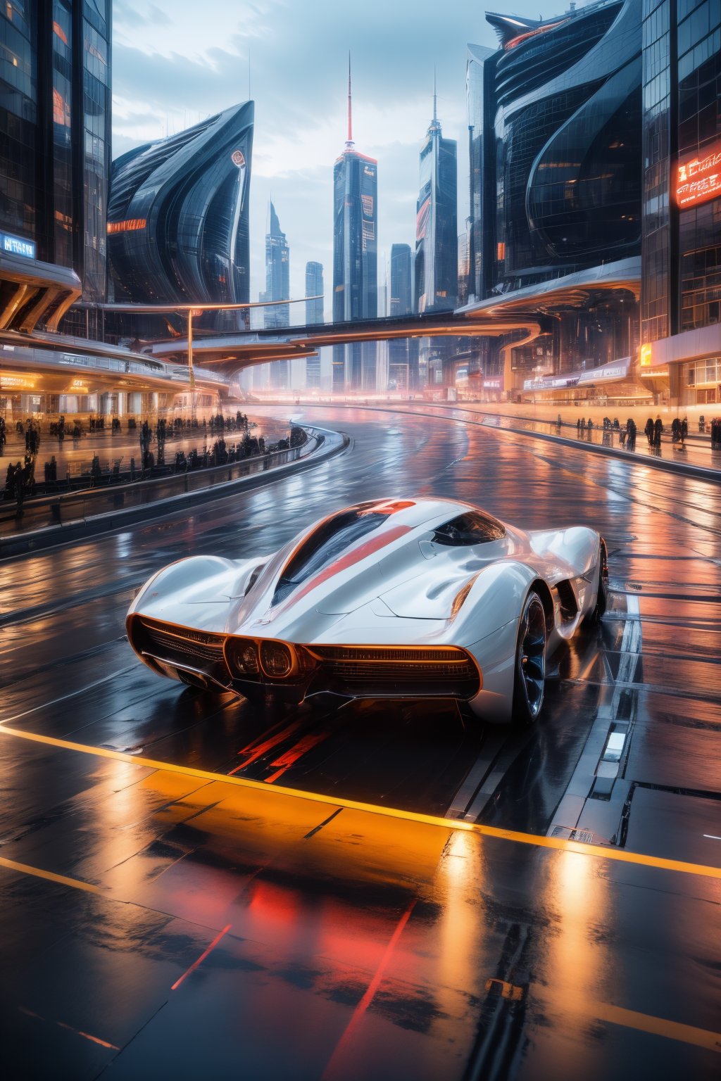 photorealistic, realistic, car, motor vehicle, science fiction, aircraft, city, flying, scenery, helicopter, sky, cloud, realistic, night, skyscraper, cyberpunk