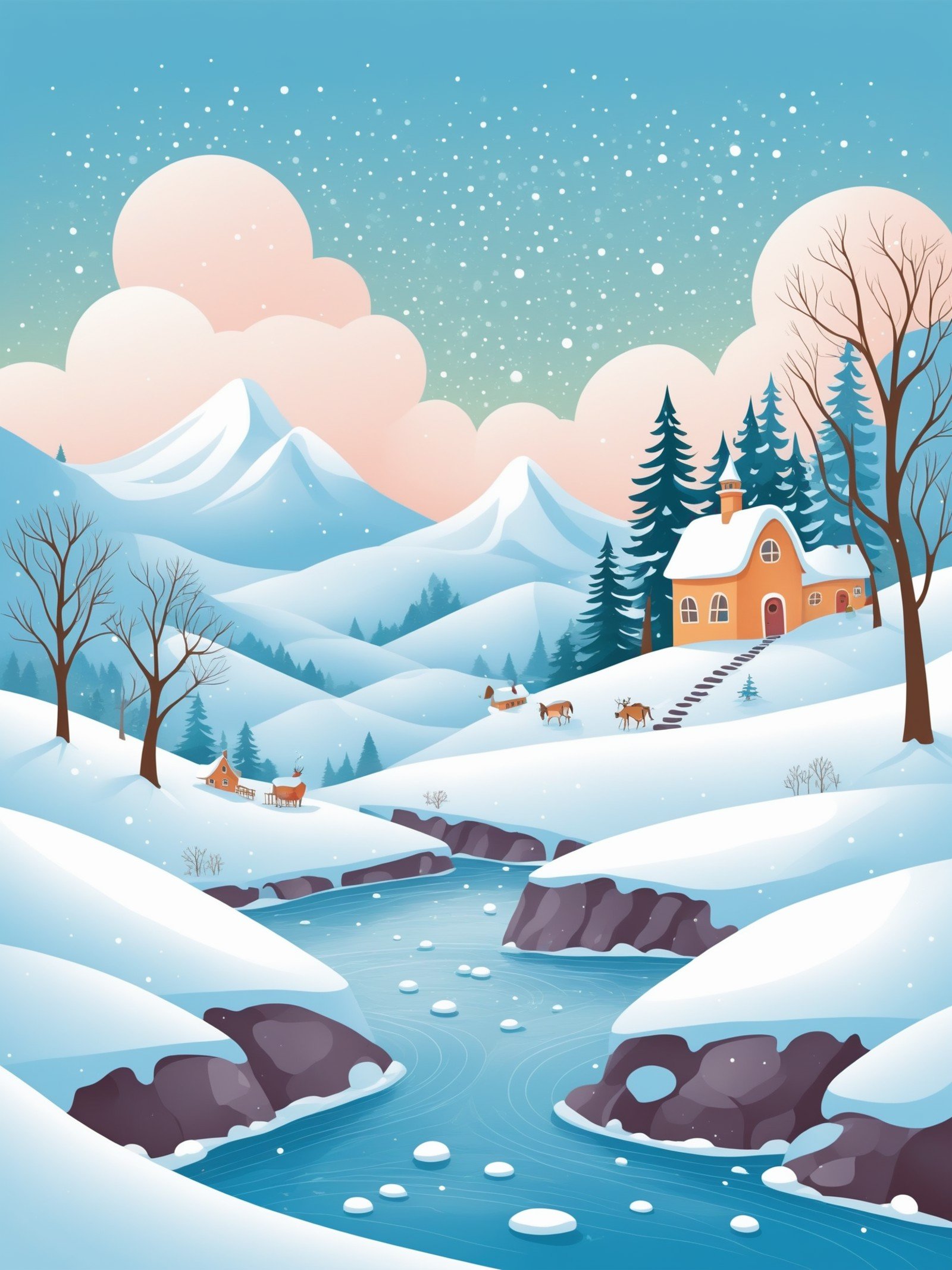 FRESHIDEAS landscape,This is a whimsical This is a whimsical scene, a winter landscape illustration, in the style of Adobe Illustrator, great work.