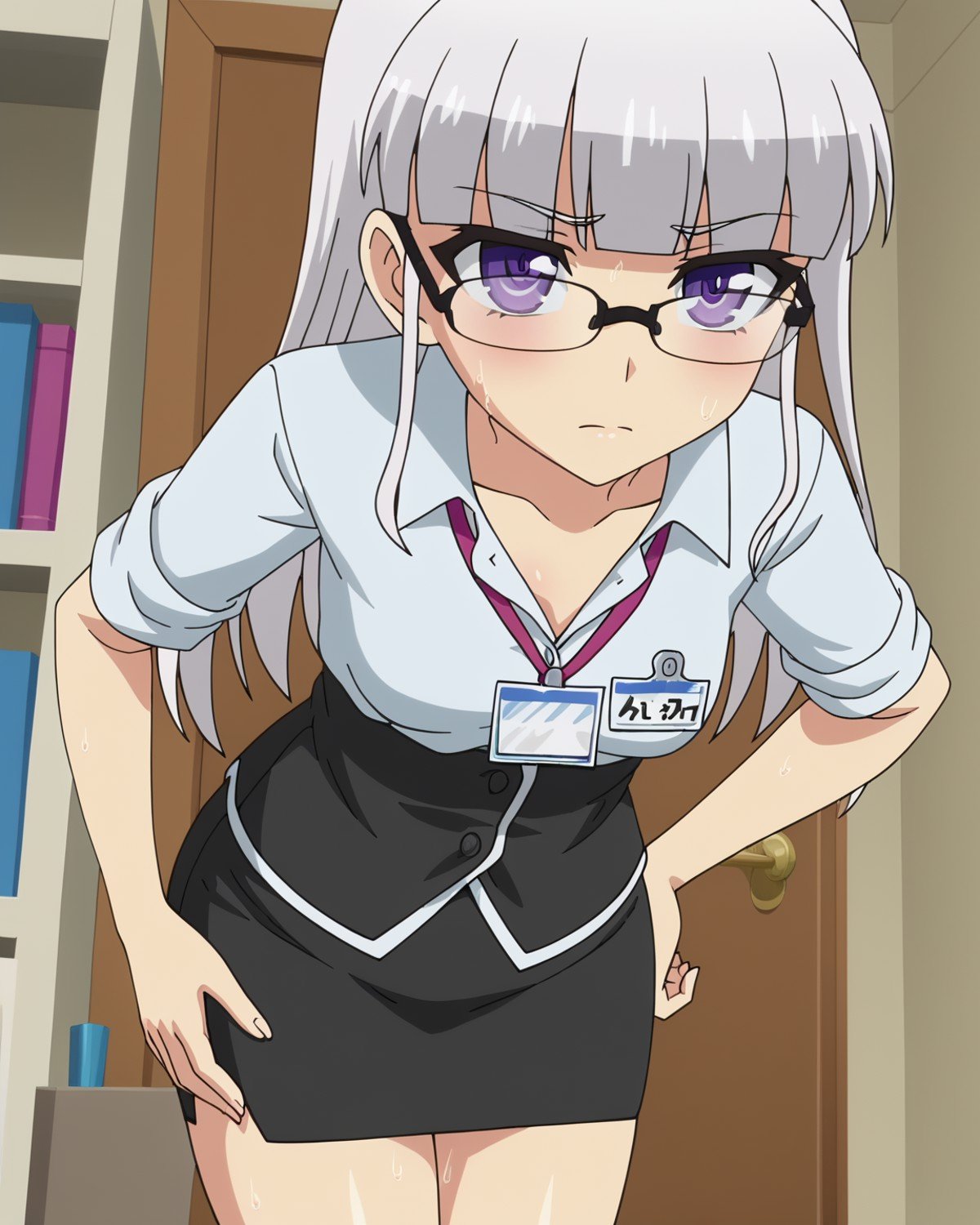 1girl,solo,anime screencap, <lora:MariaNaruse_16XL:0.8> maria_naruse, purple eyes, bangs, white hair,small breasts,thighs,sweat,glasses,bussiness suit,office dress,pencil skirt,white shirt,name tag