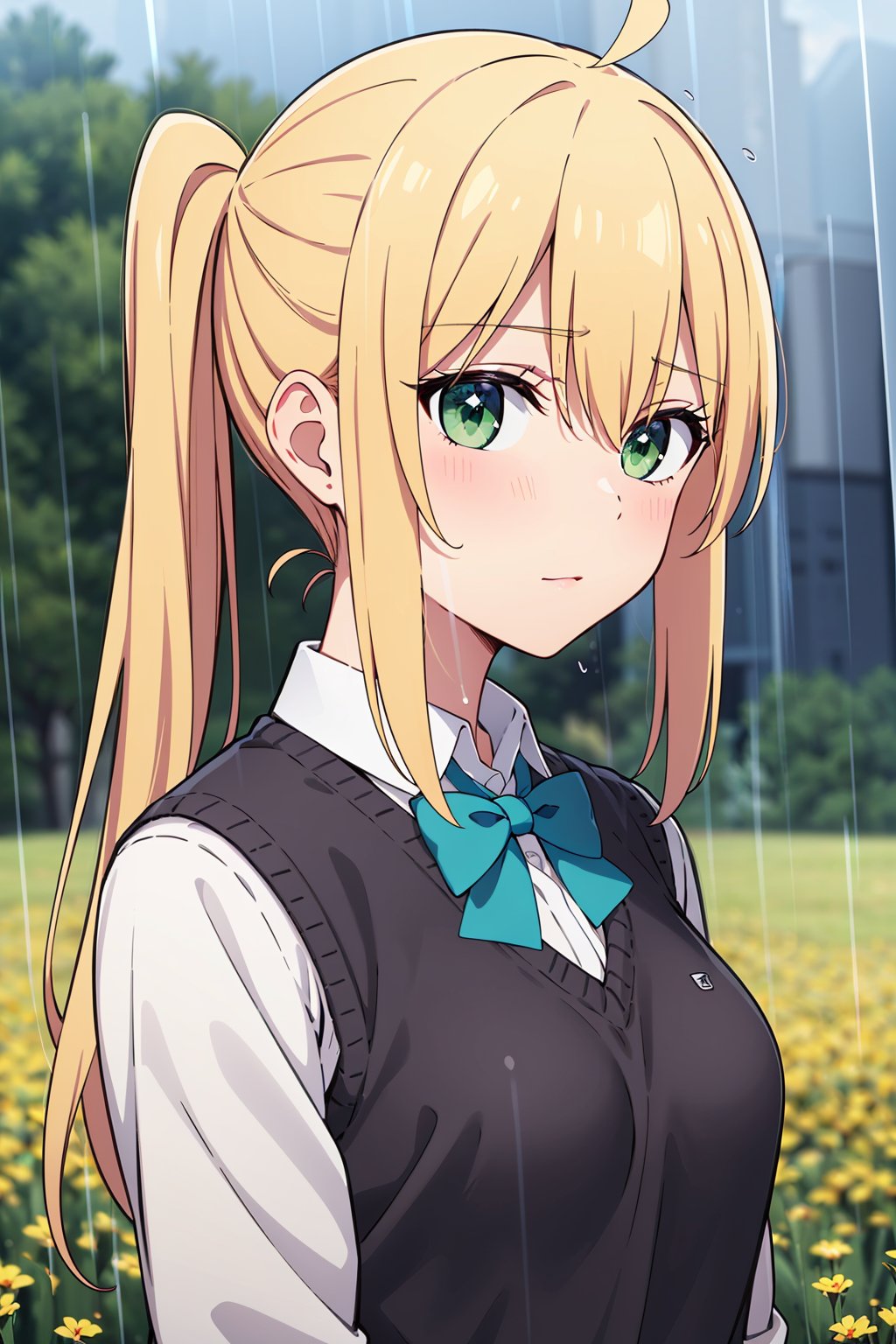 (masterpiece), best quality, expressive eyes, perfect face, solo, petite,long hair, side ponytail, blonde hair, green eyes, medium breasts, white shirt, sweater vest, bowtie, ahoge,portrait, rain, sky, field, 