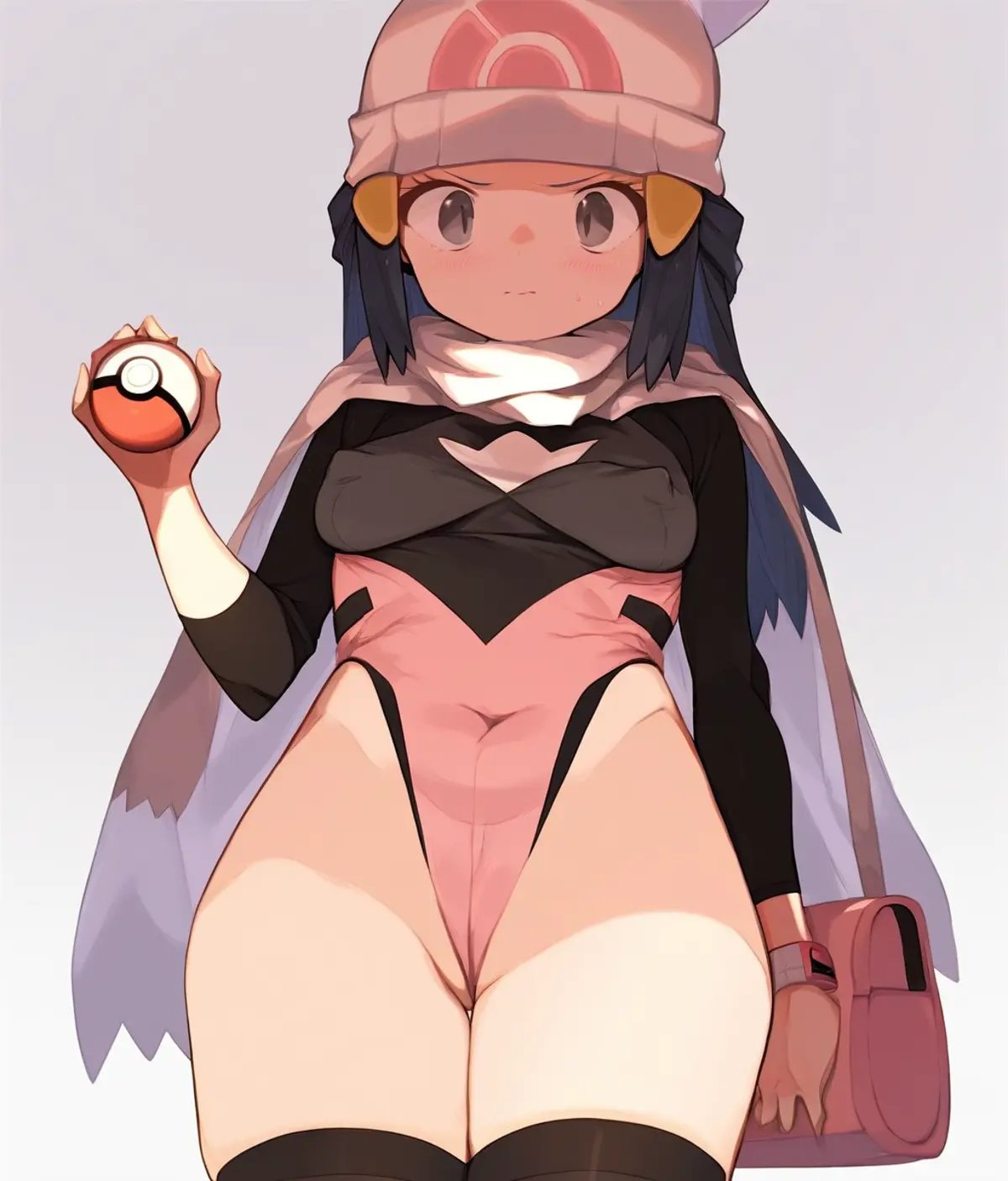 score_9. score_8_up. score_7_up, <lora:spring2013-000026:1>, spring20131girl, dawn (pokemon), solo, highleg, leotard, highleg leotard, poke ball, thighhighs, hat, poke ball (basic), white scarf, white thighhighs, black hair, holding, beanie, breasts, long hair, blush, scarf, bag, holding poke ball, looking at viewer, covered nipples, covered navel, closed mouth, hair ornament, long sleeves, white headwear, hairclip, thigh gap, grey eyes, sweatdrop, red leotard, adapted costume, simple background, coat