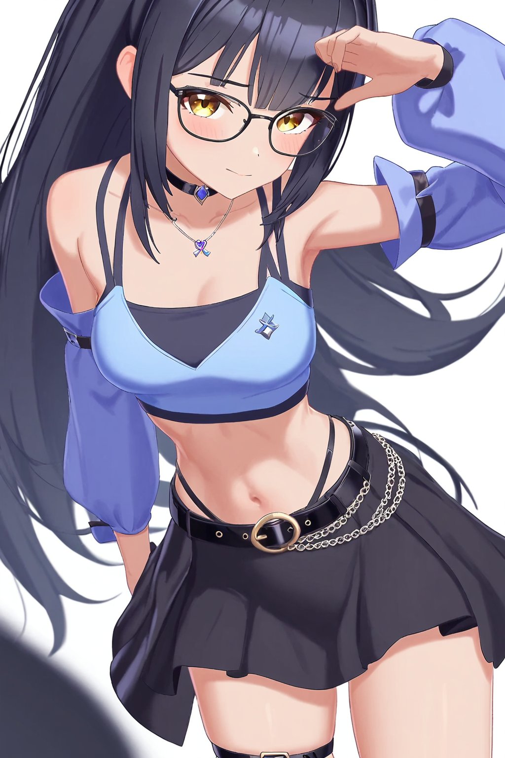 sinuo,1girl,long hair,black skirt,glasses,black hair,choker,thigh strap,looking at viewer,necklace,belt,detached sleeves,black choker,jewelry,yellow eyes,blue crop top,white background,simple background,open clothes,<lora:zhijiang-sinuo-000004:0.5>,