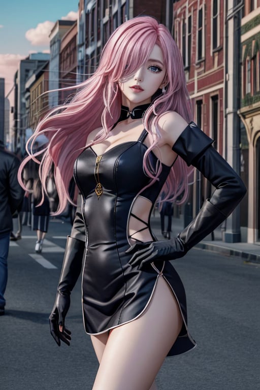 masterpiece, high quality, high resolution, xiahe, 8kwallpaper, pink hair, hair over one eye, elbow gloves, standing, long hair, <lora:last-000010:0.6>, public city, city background, <lora:add_detail:0.6>, 