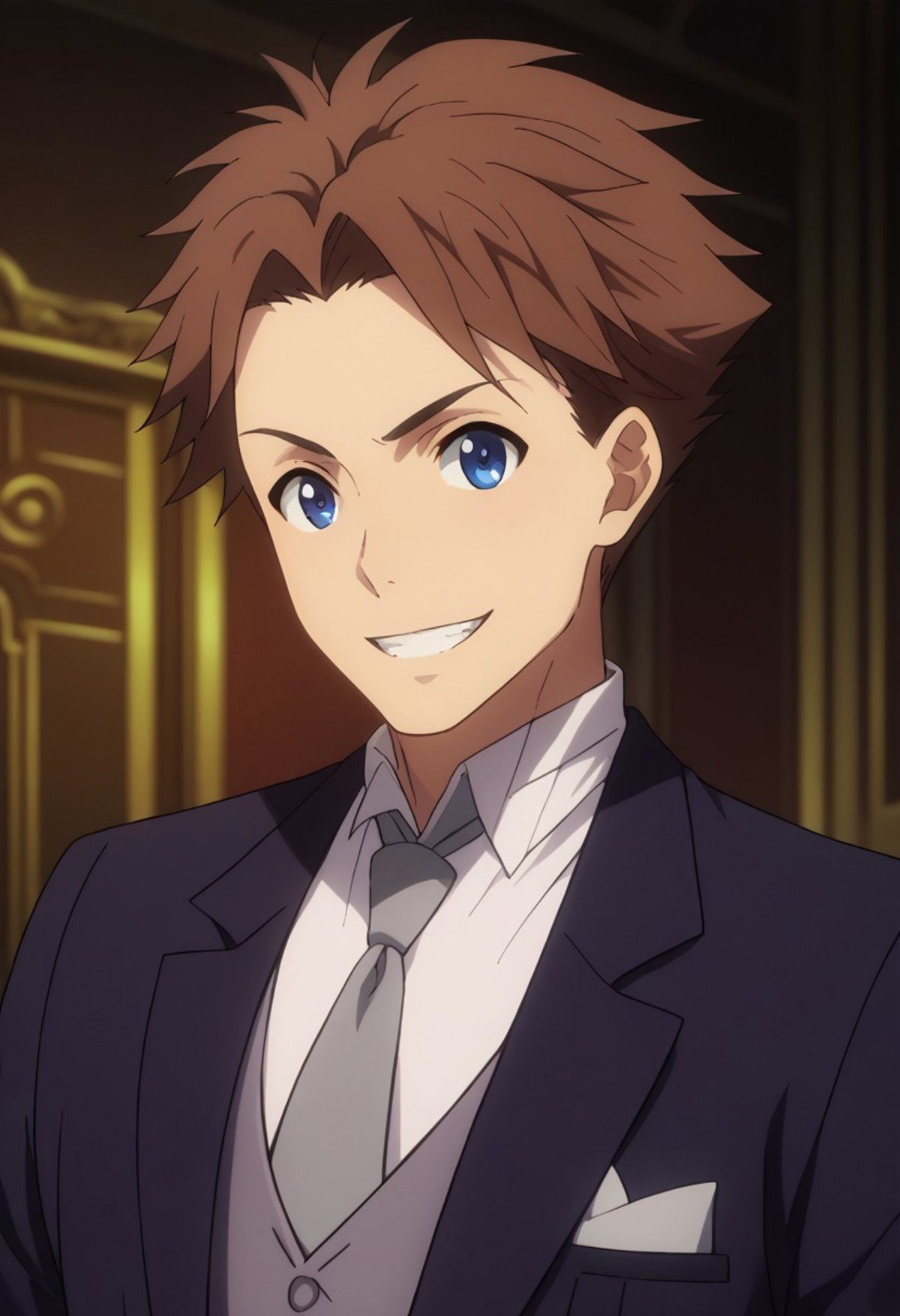 score_9, score_8_up, score_7_up, source_anime, highly detailed, heivia, 1boy, male focus, solo, brown hair, short hair, blue eyes, upper body, formal, suit, necktie, grey necktie, indoor, smile, grin,