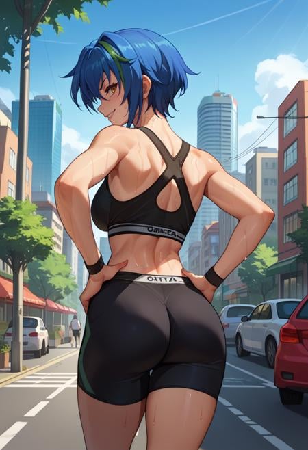 score_9, score_8_up, score_7_up, source_anime, from behind, solo, 1girl, xenovia quarta, sweat, smile, looking back, hands on own hips, black sports bra, black shorts, ass, outdoors, city street <lora:highschooldxd_xenovia_ponyXL:1>