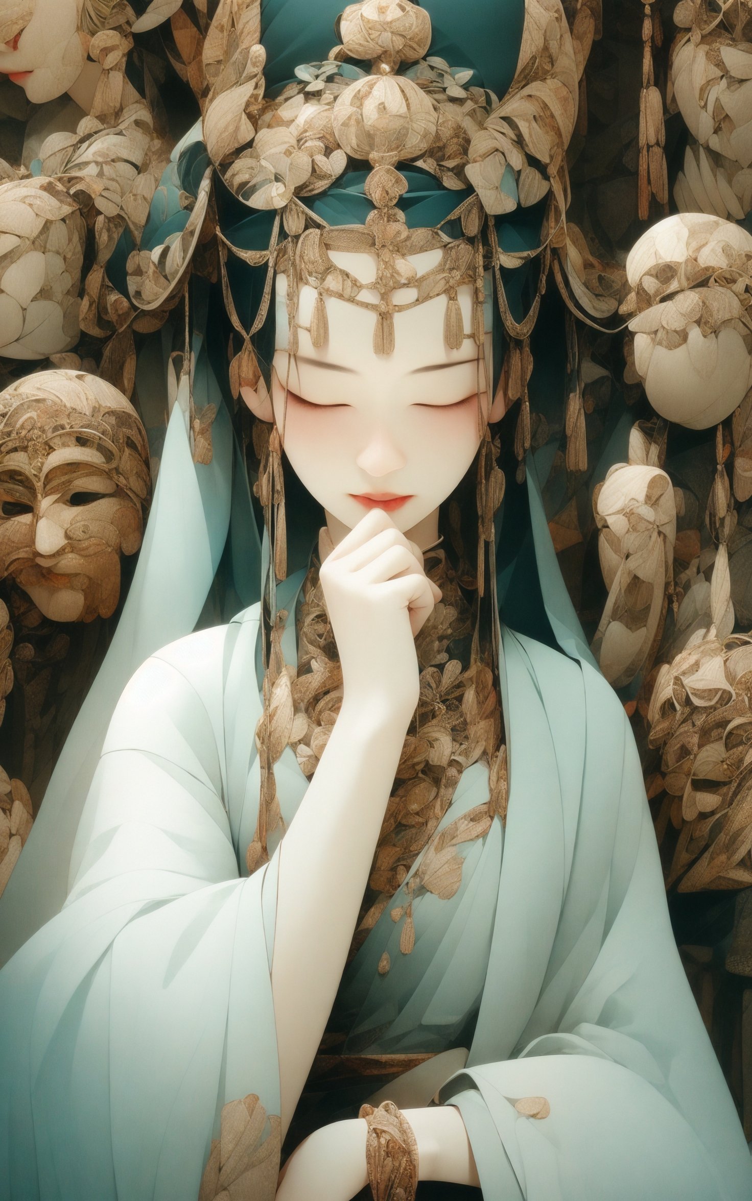 a woman meditating in front of lots of masks, in the style of zhang jingna, photomontage, hirohiko araki, oriental, sergio toppi, theatrical, poster art， <lora:绪儿已成精-佛:0.8>