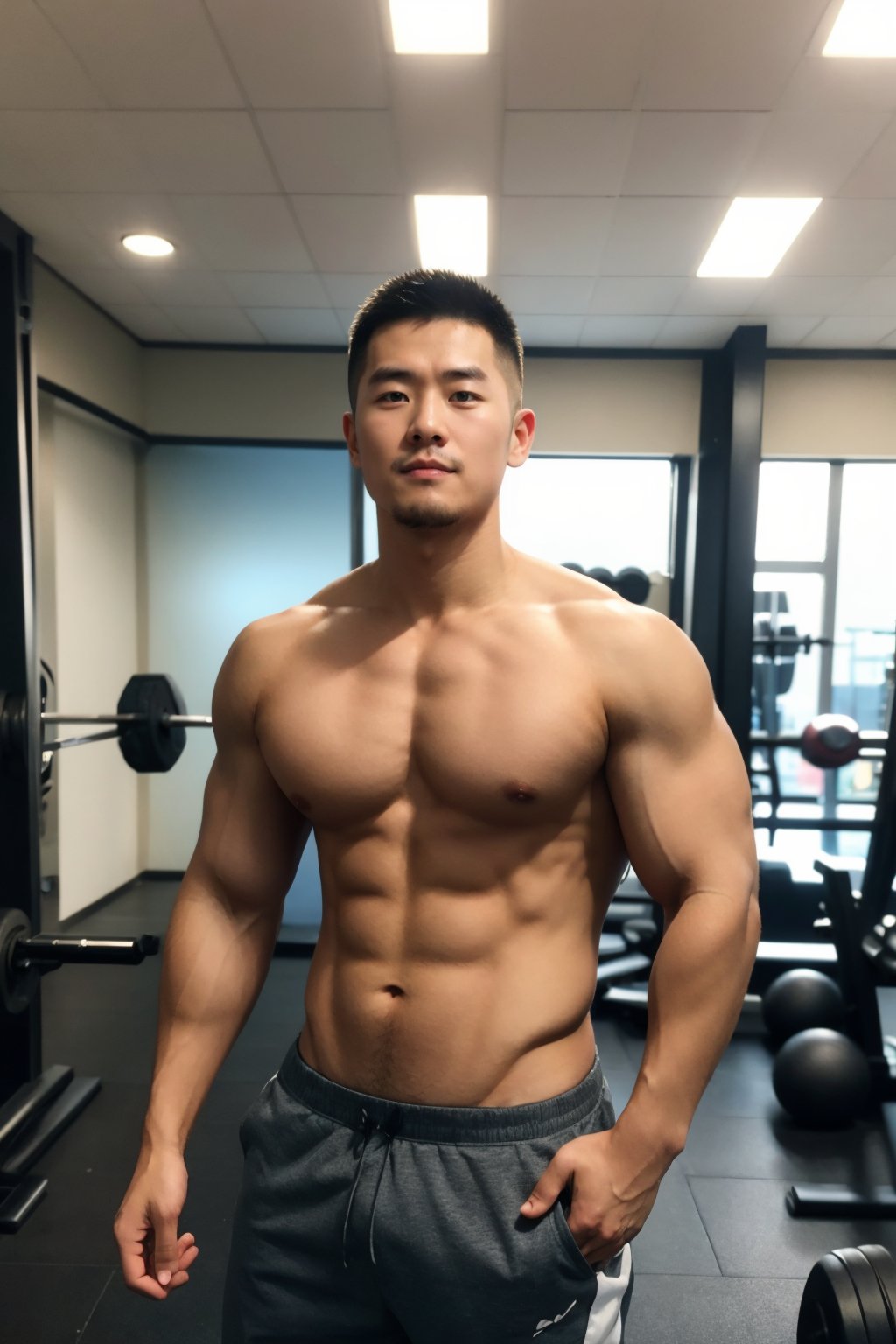 lianmo_nan,1boy,pectoral fuse,masterpiece,best quality,<lora:man_face_02_v1.0:1>,gym,