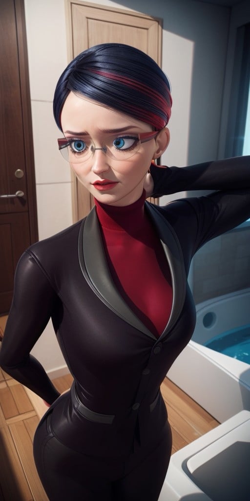 Hyperrealistic, photorealistic, super detailed, black hair with a streak on the left side that is dyed a red color, hair is pulled back into a bun with the hair on top, wrinkles under the eyes, glasses with black and red striped frames, pale blue eyeshadow, body like in real life, large pores, slender, pale skin, beautiful arms, medium breasts, unreal engine, octane render, droped shadow, bokeh, cinematic lighting, <lora:add_detail:0.5>, <lora:Volumetric_lighting:0.6>, Sancoeur, Nathalie, , <lora:23452684-03e9-4974-b01b-afc7ea555a43:0.7>