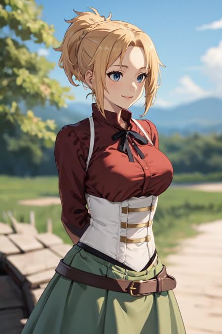 masterpiece, best quality, absurdres, perfect anatomy, 1girl, solo, ponytail, long hair, blonde hair, blue eyes, red shirt, long sleeves, white corset, grey skirt, belt, outdoors, smile, arms behind back, <lora:chara_MushokuTensei_ZenithGreyrat_v1:0.8>