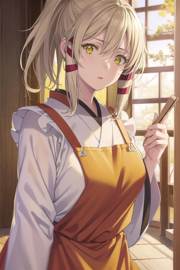 ukanomitamanokami, <lora:uka no mitama no kami s1-lora-nochekaiser:1>,uka no mitama no kami, long hair, blonde hair, hair ribbon, (yellow eyes:1.5), ponytail, tress ribbon,BREAK japanese clothes, miko, apron, (red apron:1.5),BREAK outdoors, shrine,BREAK looking at viewer, (cowboy shot:1.5),BREAK <lyco:GoodHands-beta2:1>, (masterpiece:1.2), best quality, high resolution, unity 8k wallpaper, (illustration:0.8), (beautiful detailed eyes:1.6), extremely detailed face, perfect lighting, extremely detailed CG, (perfect hands, perfect anatomy),