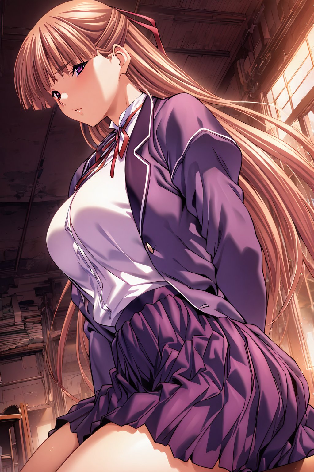 cowboy shot, kanzaki asuka, 1girl, solo, school uniform, purple blazer, purple skirt, half updo, red hair bow, purple eyes, blonde hair, long hair, large breasts, blunt bangs, (masterpiece, high-quality, breathtaking, highres, ultra detailed), (expressive eyes, perfect face),  <lora:kanzaki asuka retro:1>