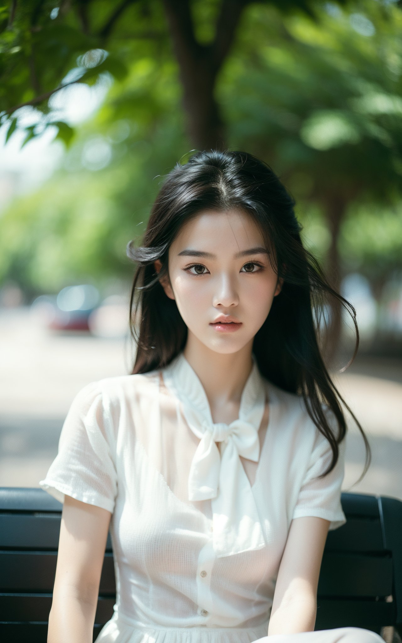 a woman in a dress sitting on a bench with a bike behind her and a tree in the background,1girl,solo,black hair,long hair,realistic,looking at viewer,short sleeves,lips,upper body,shirt,black eyes,parted lips,white shirt,dress,bow,outdoors,