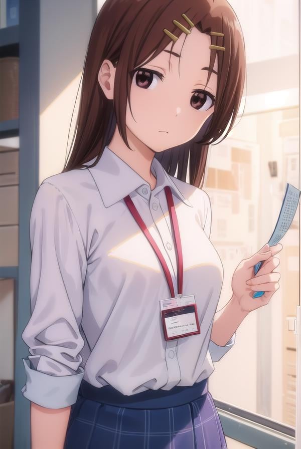 megumichihaya, <lora:megumi chihaya s1-lora-nochekaiser:1>,megumi chihaya, long hair, brown hair, hair ornament, (brown eyes:1.5), hairclip,BREAK skirt, shirt, white shirt, blue skirt, office lady, id card, lanyard,BREAK indoors, office,BREAK looking at viewer, (cowboy shot:1.5),BREAK <lyco:GoodHands-beta2:1>, (masterpiece:1.2), best quality, high resolution, unity 8k wallpaper, (illustration:0.8), (beautiful detailed eyes:1.6), extremely detailed face, perfect lighting, extremely detailed CG, (perfect hands, perfect anatomy),