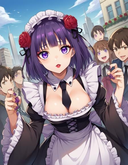 score_9, score_8_up, score_7_up, source_anime, marinkitagawa, <lora:marin-kitagawa-ponyxl-lora-nochekaiser:1>, shizuku kuroe, headdress, maid headdress, bangs, hair ornament, long sleeves, dress, cleavage, purple eyes, purple hair, flower, frills, necktie, hair flower, wide sleeves, blunt bangs, nail polish, black dress, collar, cosplay, makeup, detached collar, rose, chain, frilled dress, lipstick, frilled sleeves, red flower, black necktie, leash, purple nails, chain leash,outdoors, cityscape, people, crowd, street,looking at viewer, cowboy shot, dutch angle, dynamic pose,