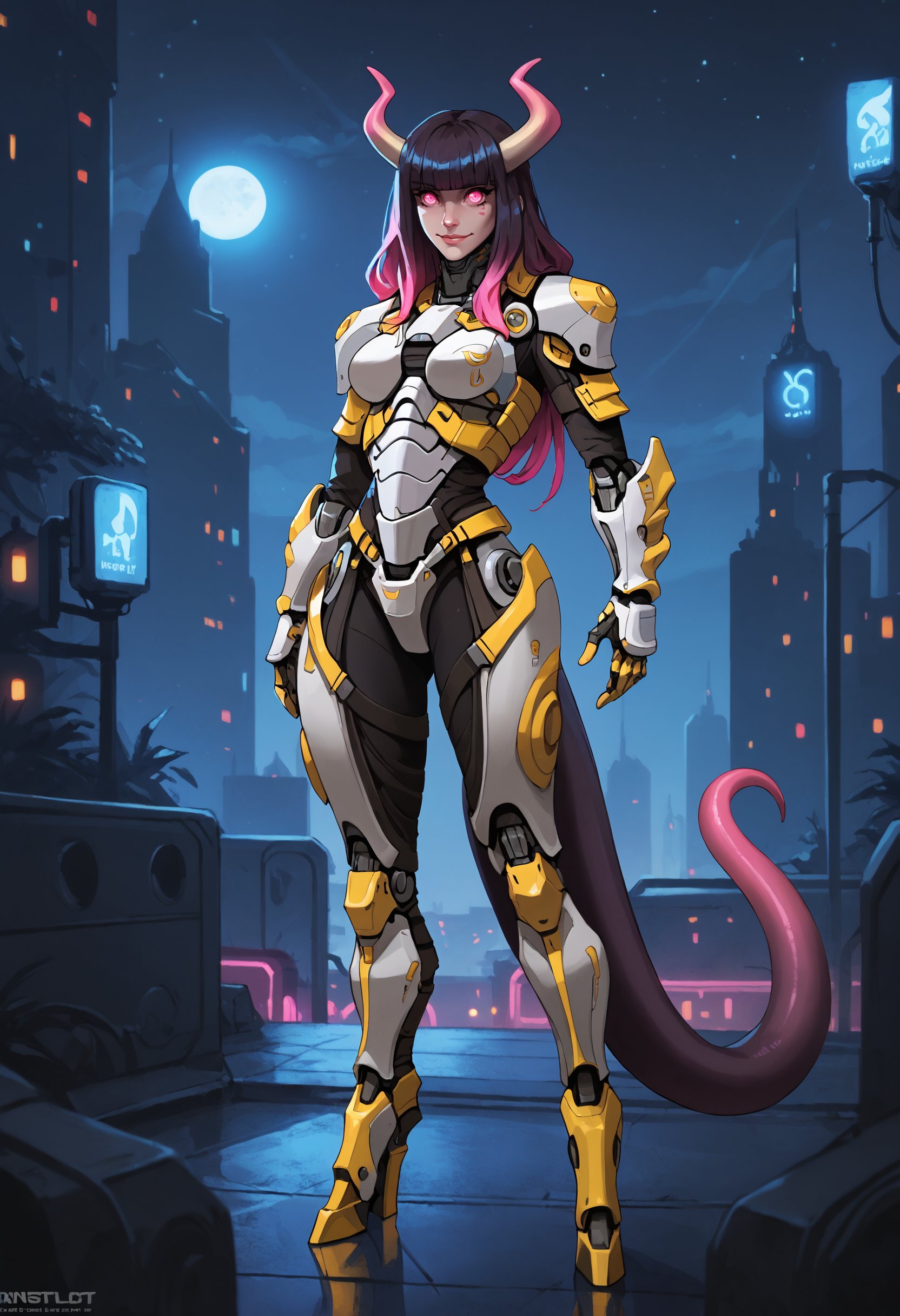 score_9, score_8_up, score_7_up, city at night, scenery, highly detailed, science fiction, metropolis, armor, full body shot, medium breasts, solo, (tail, female monster:1.1), blunt bangs, hair covering eyes, horns, pink and yellow straps, gradient hair, pink eyes, dreamy eyes, light smile,  <lora:ArmorPunkV3-000002:1>, arm0rpunk, high contrast, vibrant colors,