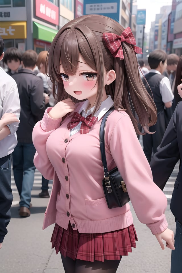 <lora:sensualface_type2_v3:1>insanely detailed, absurdres, ultra-highres, ultra-detailed, best quality,1girl, solo, nice hands, perfect handsBREAK(School Uniforms:1.2), (pink cardigan is fit body:1.4), ((do up a buttons, not loose):1.5), ((long sleeve, sleeves past wrists):1.2), (inner wear is white collared-shirt:1.3), (red plaid-pattern bow:1.3), (red plaid-pattern pleated skirt:1.3), ((dark-brown pantyhose, loafers):1.2)BREAKhappy smile, laugh, open mouth, standing,from side,cute pose, cowboy shotBREAKslender, kawaii, perfect symmetrical face, ultra cute girl, ultra cute face, ultra detailed eyes, ultra detailed hair, ultra cute, ultra beautifulBREAKin harajuku, shibuya, tokyo, street, crowd, cityscapeBREAKmedium large breasts,(brown hair, brown eyes), hime cut