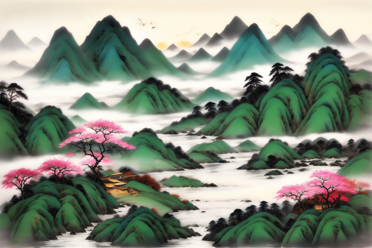 <lora:AgainChineseInkPainting:1>,AgainChineseInkPainting, mountain, no humans, outdoors, scenery, tree, fog, sky, chinese ink painting, cloud, nature, flower, mountainous horizon, water, landscape, grey sky, plant