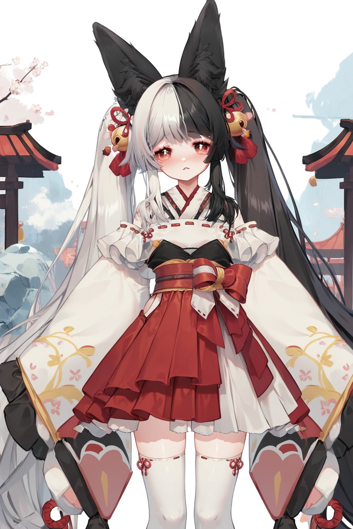 (score_9,score_8_up,score_7_up,),mana,<lora:mana-000025:0.9>,animal ears,thighhighs,red skirt,red eyes,long hair,black hair,white hair,kimono,hair ornament,symbol-shaped pupils,geta,