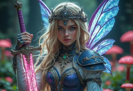 cinematic shot of a beautiful magical fairy, beautiful face details and long hair, holding a magical glowing sword in an epic attack pose, colorful magical fairy wings on her back, magical fantasy forest in background with glowing mushrooms, hkstyle, super realistic, style of epic cinematic, amazing quality