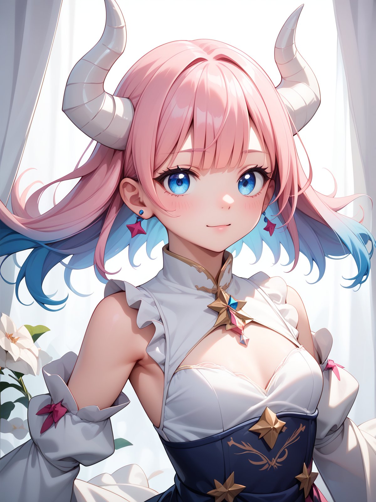 Score_9, score_8_up, score_7_up, masterpiece, best quality, 1girl, <lora:yuta-chernobaeva-pxl:0.7>, yuta-chernobaeva-pxl, Pink hair, blue eyes, Gradient hair, White horns, (Hanfu:1.2)