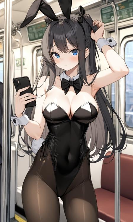 1girl, sensitive, solo, long hair, breasts, looking at viewer, blue eyes, black hair, holding, bow, animal ears, standing, pantyhose, bowtie, armpits, rabbit ears, arm up, leotard, black pantyhose, wrist cuffs, strapless, fake animal ears, black bow, covered navel, detached collar, playboy bunny, phone, cellphone, black leotard, strapless leotard, smartphone, holding phone, black bowtie, train interior, hand grip