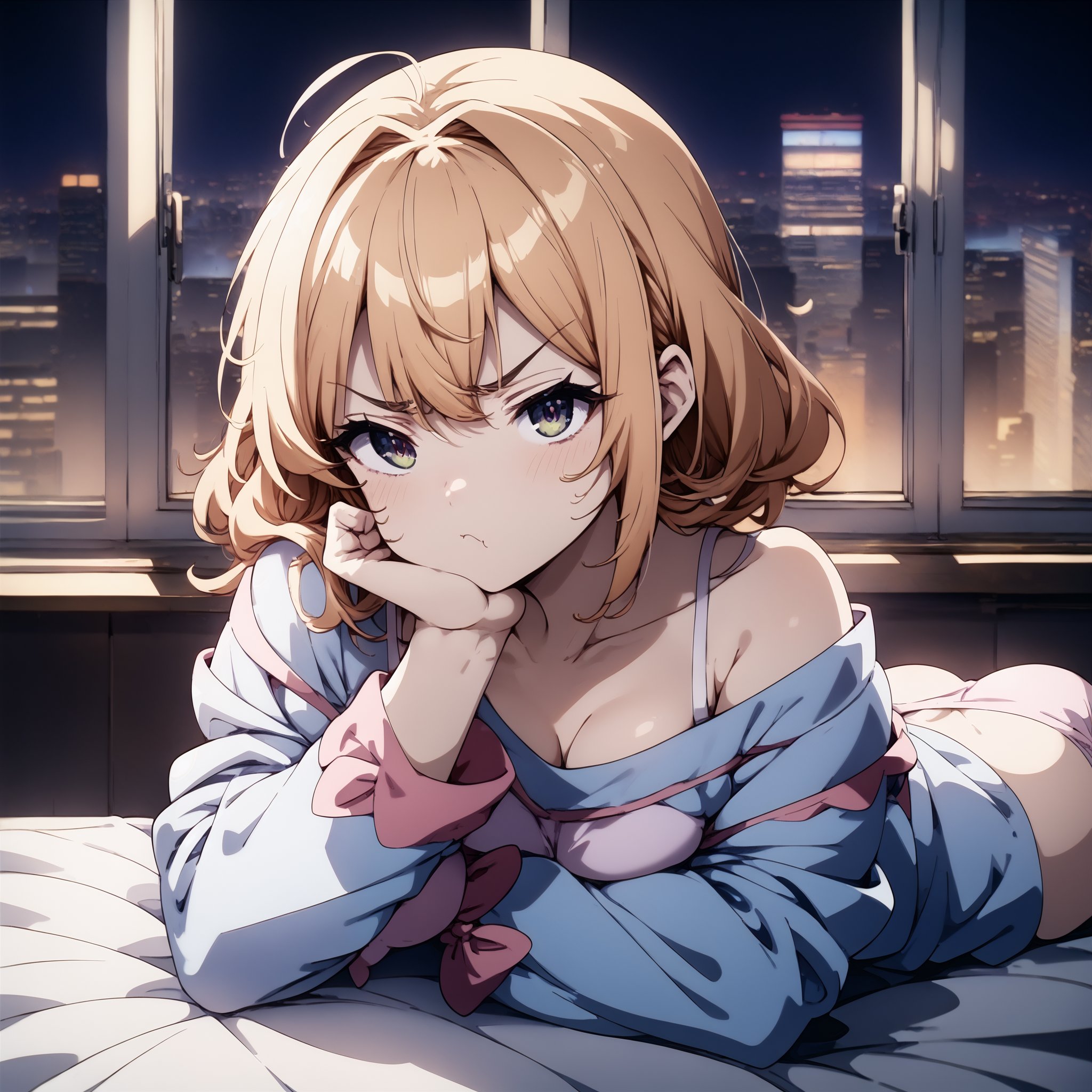 score_9,score_8_up,score_7_up,BREAK1girl,pout,off-shoulder_pajamas,head_rest_on_bed,bedroom,window,night_sky,cityscape,