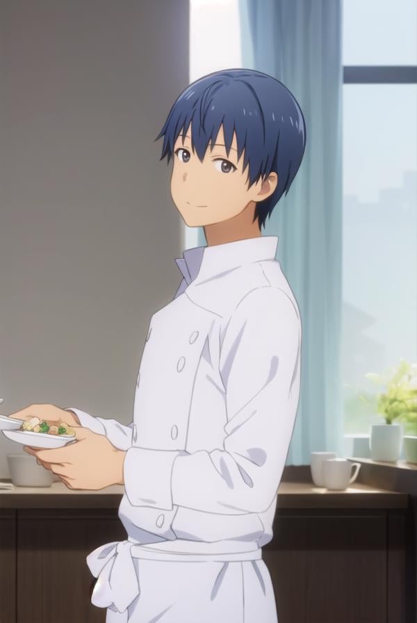 hiroomisouma, <lora:hiroomi souma s2-lora-nochekaiser:1>,hiroomi souma, (brown eyes:1.3), blue hair, male focus, smile,BREAK apron, buttons, waist apron, white pants, chef,BREAK indoors, restaurant,BREAK looking at viewer, (cowboy shot:1.5),BREAK <lyco:GoodHands-beta2:1>, (masterpiece:1.2), best quality, high resolution, unity 8k wallpaper, (illustration:0.8), (beautiful detailed eyes:1.6), extremely detailed face, perfect lighting, extremely detailed CG, (perfect hands, perfect anatomy),