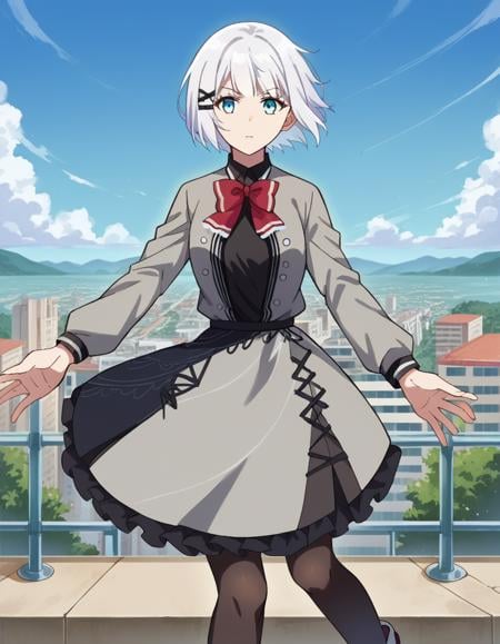 score_9, score_8_up, score_7_up, source_anime,siesta, <lora:siesta-ponyxl-lora-nochekaiser:1>,siesta, short hair, bangs, blue eyes, hair ornament, white hair, hairclip,dress, bow, bowtie, red bow, red bowtie, shirt, long sleeves, jacket, pantyhose, frills, shoes, grey jacket, open clothes, black shirt,outdoors, cityscape,looking at viewer, cowboy shot, dynamic pose,