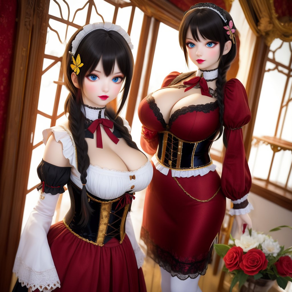 busty and sexy girl, 8k, masterpiece, ultra-realistic, best quality, high resolution, high definition, Lolita, maid, Victorian fashion, Rococo fashion, black corset with red ribbon lacing, White lace details on the sleeves, Puffed sleeves, headpiece adorned with flowers, ornate flower frame background, historical vibe, historical fashion with fantasy elements,lolita, single braid, lipstick, huge breast, cleavage cutout,butterfly hair ornament,multicolored hair,beauty,solo,1 girl, full body, standing<lora:EMS-326643-EMS:0.400000>, <lora:EMS-422899-EMS:0.400000>, <lora:EMS-459843-EMS:0.400000>