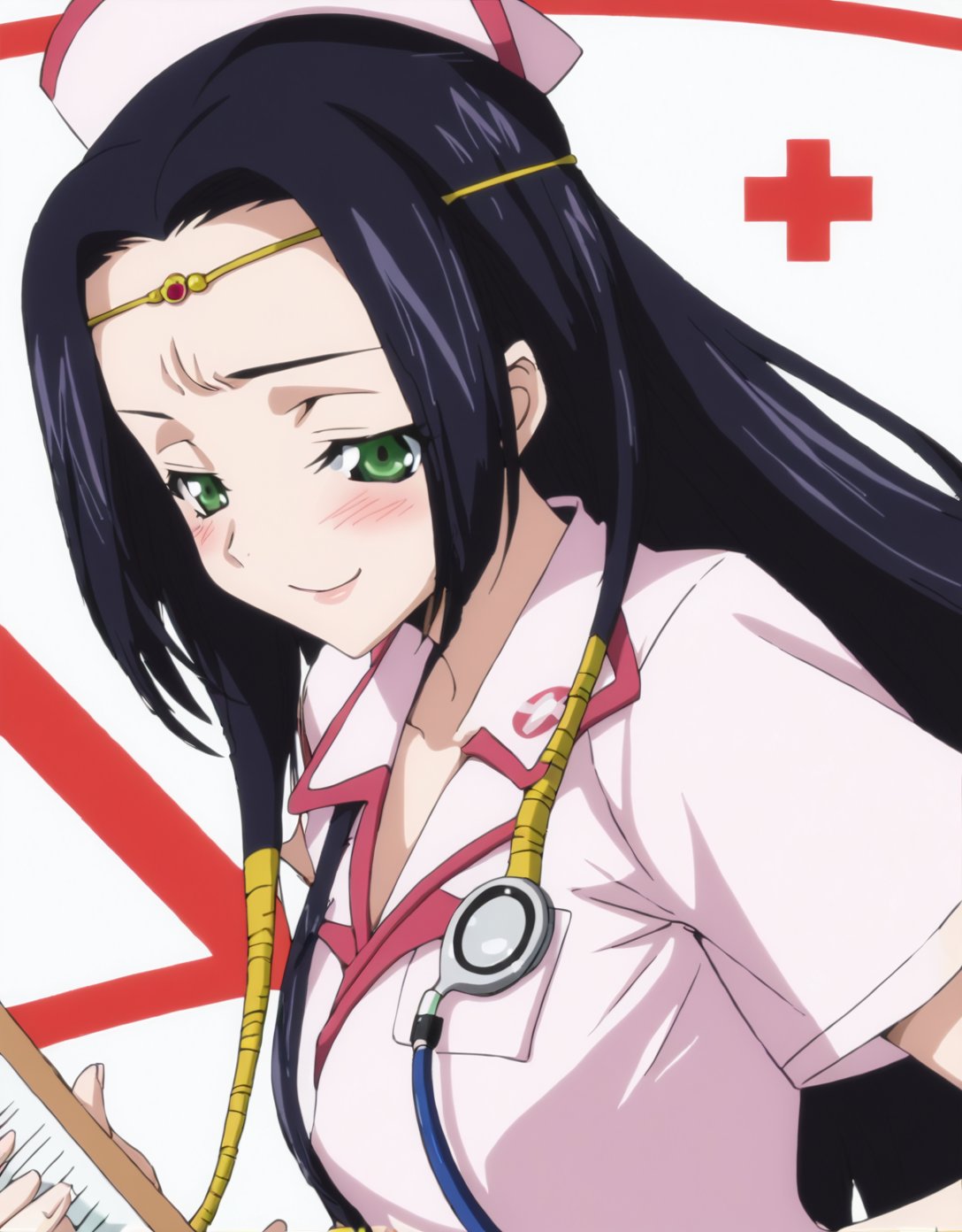 score 9, score 8 up, score 7 up, rating questionable,detailed background,<lora:kaguya.pony:1>,kaguya, wide hips, shiny skin, blush, smirk, half-closed eyes, nurse costume, holding syringe, stethoscope, holding clipboard, 