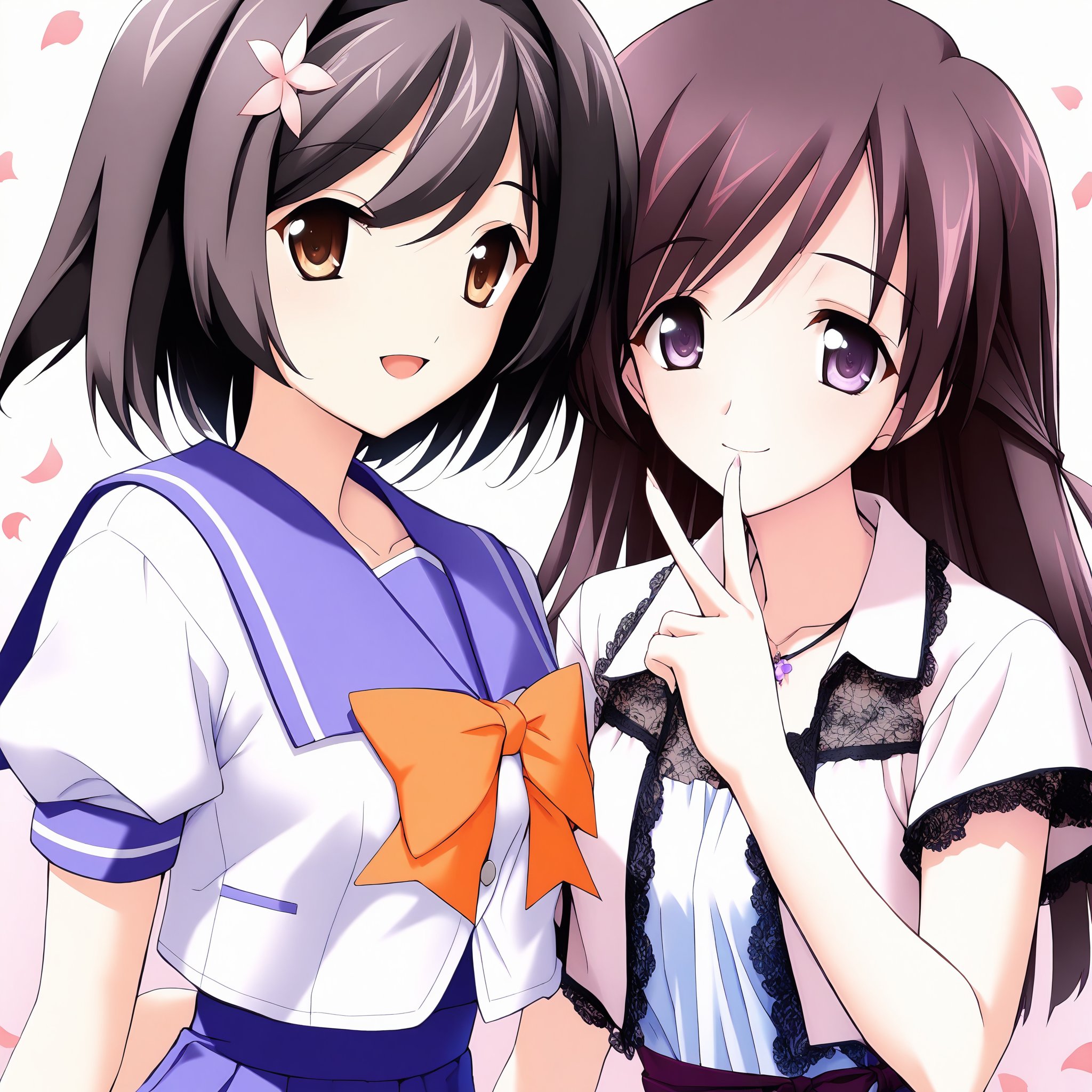 2girls,multiple girls,simple background,white background,smile,masterpiece,best quality,very aesthetic,absurdres,cowboy shot,upper body,close up,looking at viewer,smile,petals,falling petals,BREAK1girl,yuuno,memories off 6,short sleeves sumisora uniform,open mouth,BREAK1girl,kanna,memories off 6,lace top,lacekanna,v,<lora:MemoriesOff6AIO:0.8>,