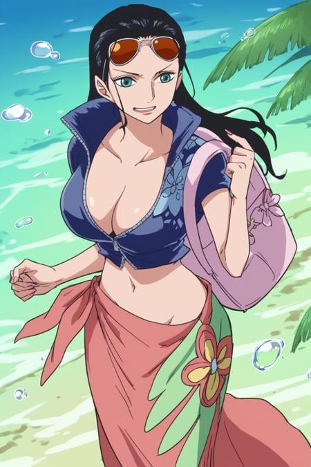 score_9, score_8_up, score_7_up, score_6_up, score_5_up, score_4_up, BREAK, source_anime,,nico_po, crop top, 1girl, breasts, black hair, sunglasses, eyewear on head, cleavage, large breasts, midriff, navel, sarong<lora:EMS-362450-EMS:1.000000>