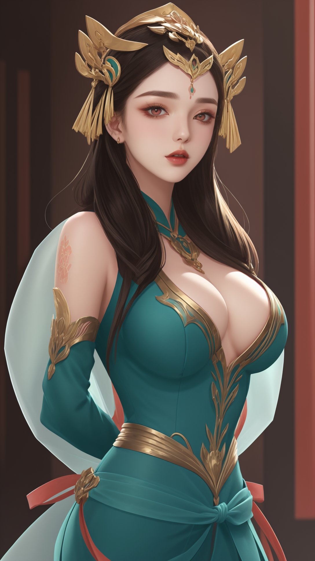 (1girl),smooth chin,masterpiece,detailed face,((hair ornament:1.2)),top quality,4k,make up,best quality,large breasts,(looking at viewer),red ribbon,dress,arms behind back,(wariza),shawl,detached sleeves,chinese building,forehead mark,golden hair ornament,<lora:王者 杨玉环 原皮_v1.1:0.7>,